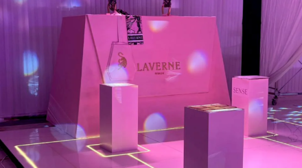 Luxury Laverne promotional installation created by CORNARI for Georgina event featuring oversized product display and custom event decorations.